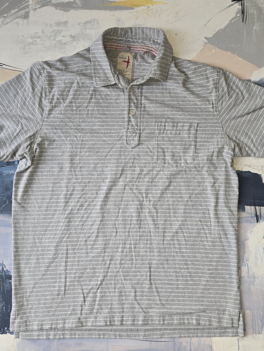 Relwen Polo Shirt Mens L Grey White Jersey Stripe Cotton Huckberry Luxury Soft